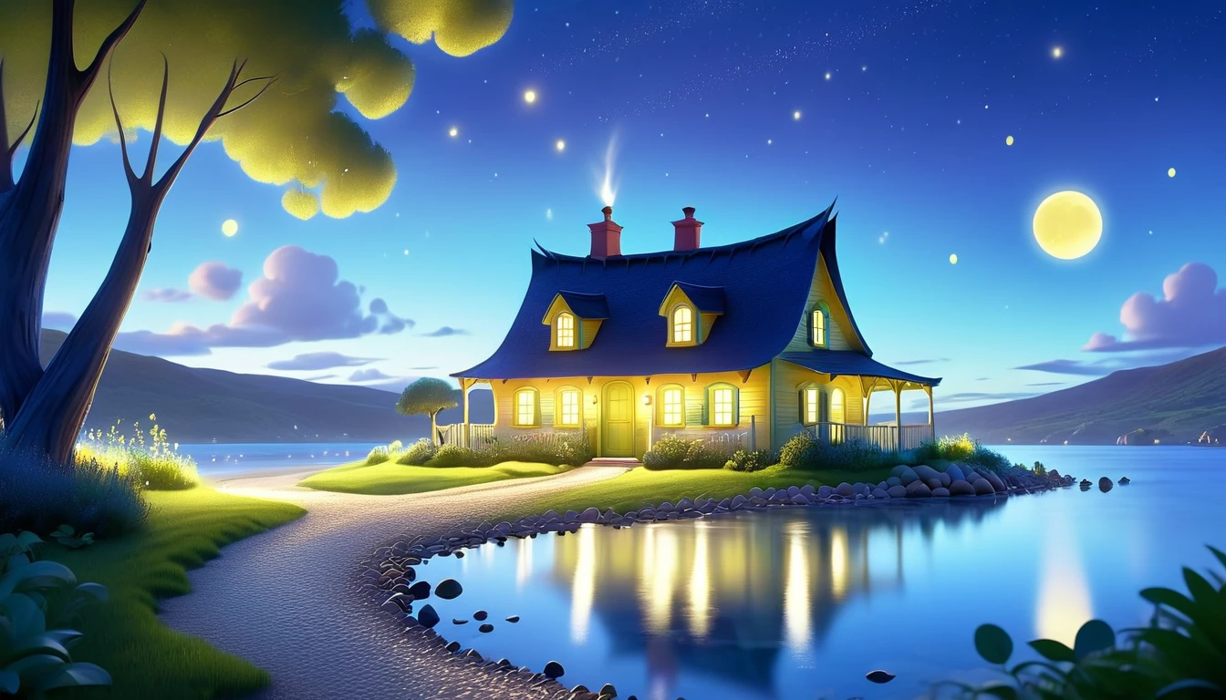 A beautiful calm and peaceful lagoon that reflects the brightness of the stars and moonlight, the stars and the moon have a yellow hue in a starry sky at the bottom of the lagoon cutting horizontally through the landscape we see a little road made of shiny pebbles that passes in front of the little house of a farm. disney pixar style