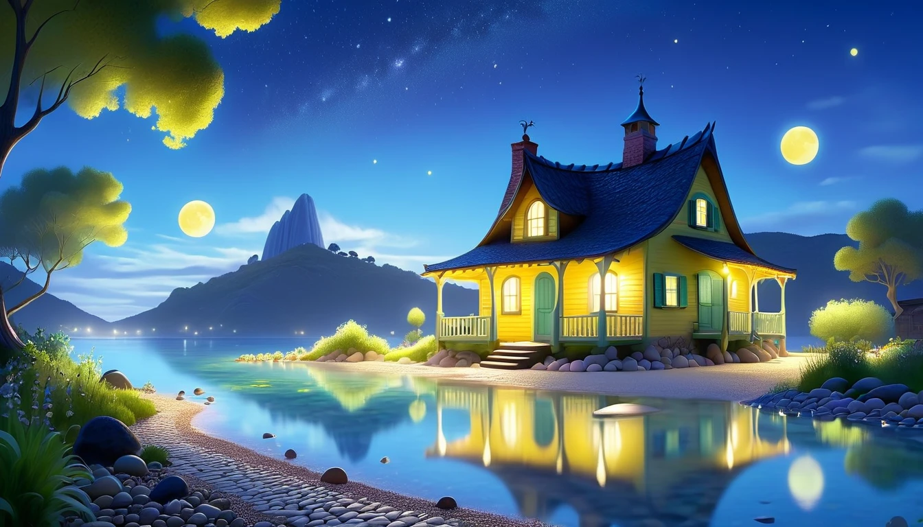 A beautiful calm and peaceful lagoon that reflects the brightness of the stars and moonlight, the stars and the moon have a yellow hue in a starry sky at the bottom of the lagoon cutting horizontally through the landscape we see a little road made of shiny pebbles that passes in front of the little house of a farm. disney pixar style