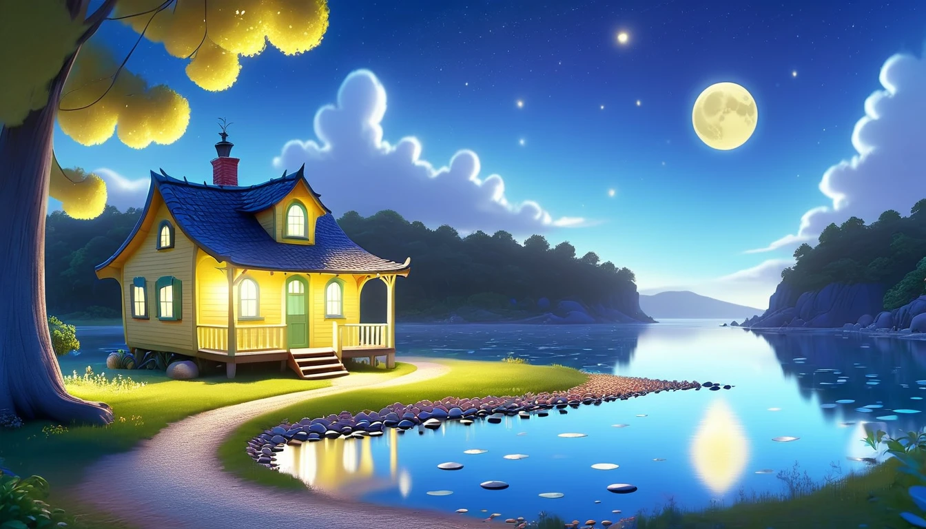 A beautiful calm and peaceful lagoon that reflects the brightness of the stars and moonlight, the stars and the moon have a yellow hue in a starry sky at the bottom of the lagoon cutting horizontally through the landscape we see a little road made of shiny pebbles that passes in front of the little house of a farm. disney pixar style