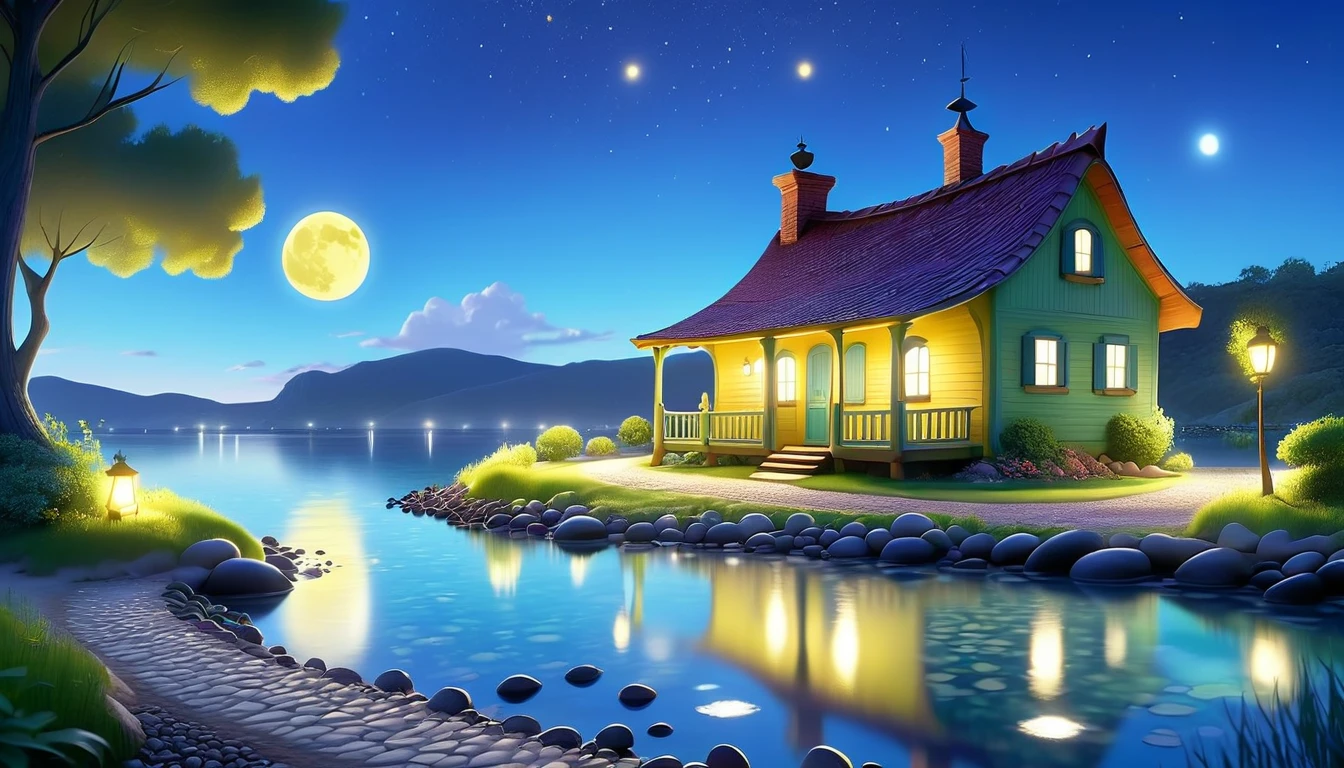 A beautiful calm and peaceful lagoon that reflects the brightness of the stars and moonlight, the stars and the moon have a yellow hue in a starry sky at the bottom of the lagoon cutting horizontally through the landscape we see a little road made of shiny pebbles that passes in front of the little house of a farm. disney pixar style