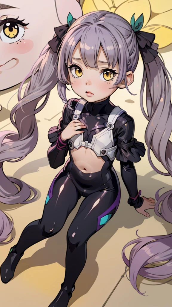 One girl,(((Young face))),((Short))、(((Round face)))、(((Yellow Eyes)))、(((Light purple hair)))、((Twin tails long enough to reach the ground))、(((long hair)))、(Black Ribbon),Pink lips,Cute Face, Sitting,Wearing a full body suit,Black bodysuit,Shiny bodysuit ,Underbust, shirt, ((flat chest, Flat Stomach, )), (Vibrant colors),Ogasawara Hisame