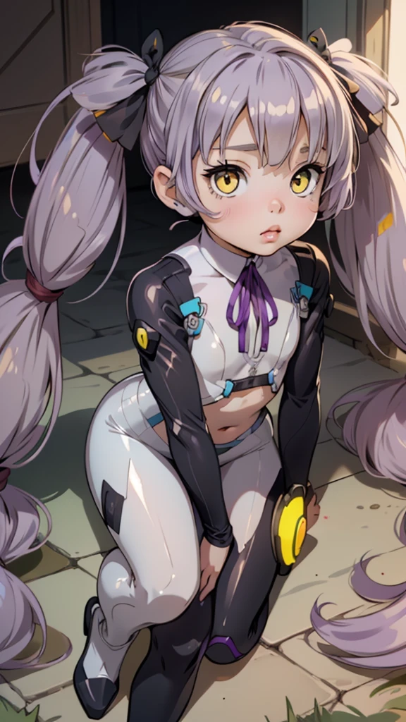 One girl,(((Young face))),((Short))、(((Round face)))、(((Yellow Eyes)))、(((Light purple hair)))、((Twin tails long enough to reach the ground))、(((long hair)))、(Black Ribbon),Pink lips,Cute Face, Sitting,Wearing a full body suit,Black bodysuit,Shiny bodysuit ,Underbust, shirt, ((flat chest, Flat Stomach, )), (Vibrant colors),Ogasawara Hisame