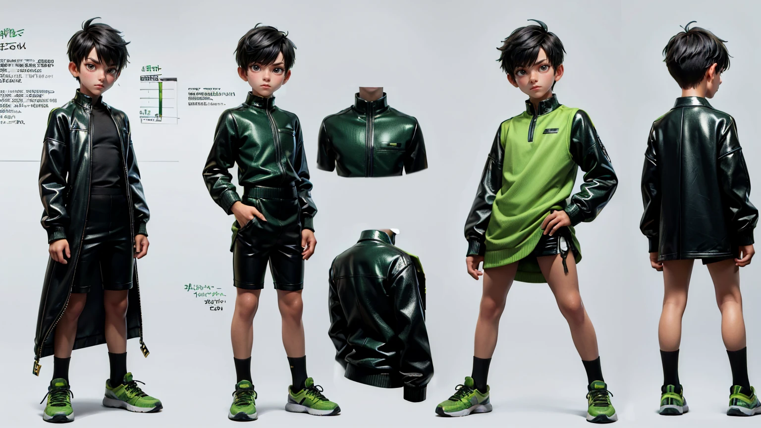 cute face boy, cute face, short height boy, wearing casual futuristic green color pent, green dress, full standing pose, Butch Cut hairs, black Butch Cut style hair, black hairs, sports shoes, Character Sheet, , Full body, Simple white background, front pose character reference sheet, Concept art, design sheet