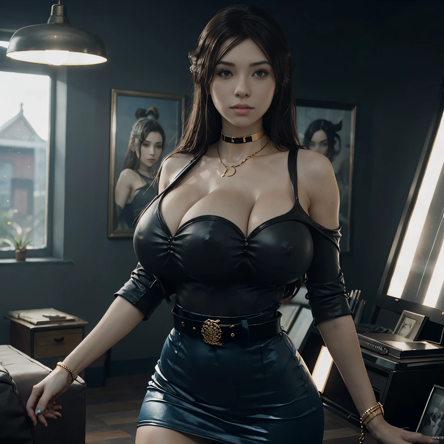 arafed woman in a blue dress with a gold belt and a necklace, 3 d render character art 8 k, trending on cgstation, chengwei pan on artstation, inspired by Lan Ying, 8k artgerm bokeh, 8k high quality detailed art, deviantart artstation cgscosiety, cgsociety 8k, cgsociety 8k, triboob_cleavage 