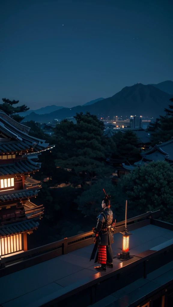 samurai men standing on edge of the building at night time, camera focus close, detailed samurai, detailed building, detailed night ambient, best quality, highly detailed, masterpiece, 8k scene.