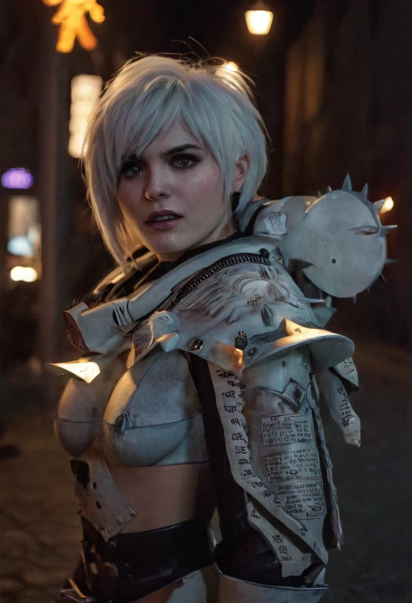 (realistic analog style sharp focus 8k raw photo with soft lighting and high quality:1.1), (hdr film grain:1.2),movie poster, a cute woman wearing a shiny (textured:1.2) (intricate:1.2) cyborgcosplay in a dark street at night, (cinematic hairstyle:1.2)
