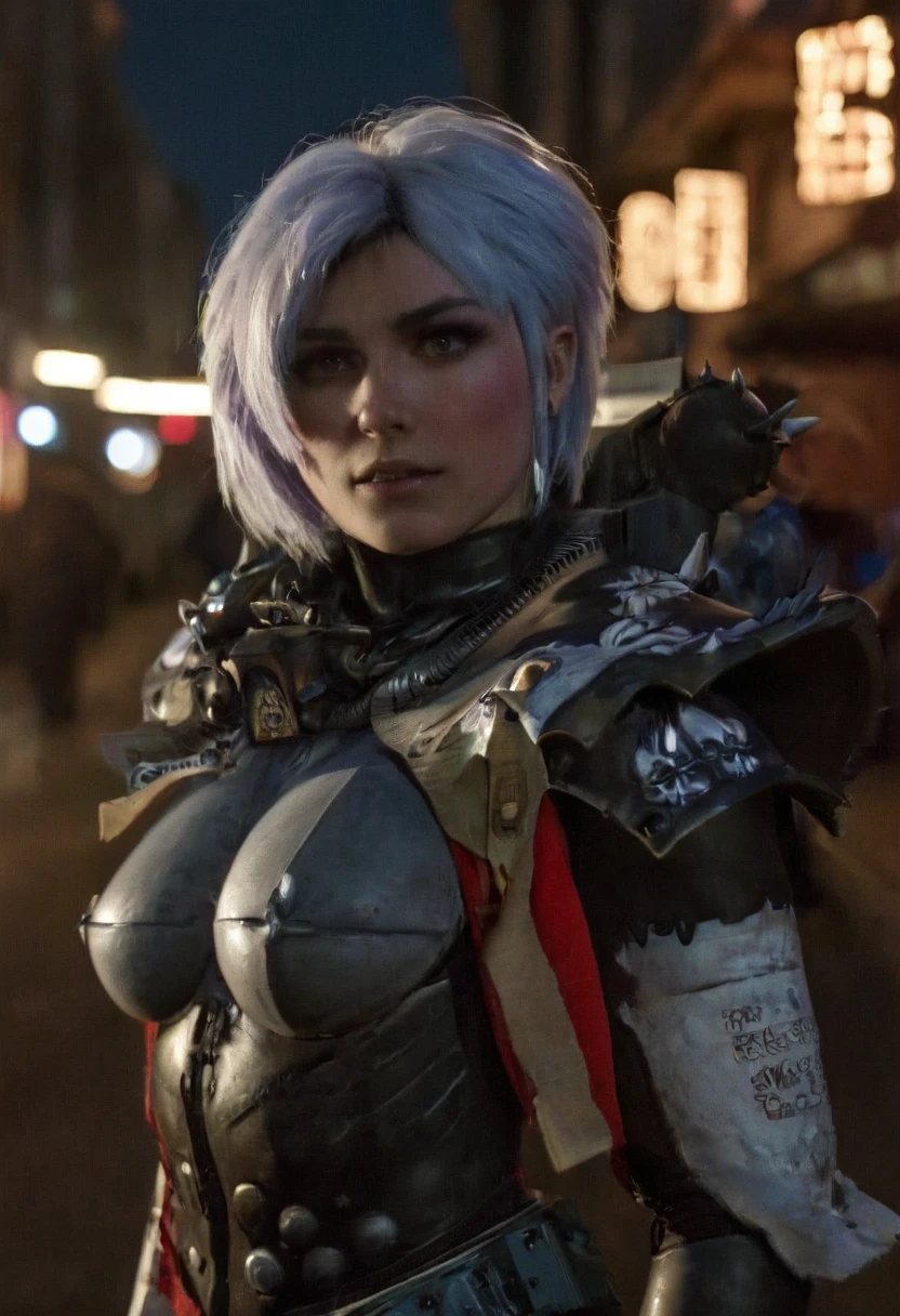 (realistic analog style sharp focus 8k raw photo with soft lighting and high quality:1.1), (hdr film grain:1.2),movie poster, a cute woman wearing a shiny (textured:1.2) (intricate:1.2) cyborgcosplay in a dark street at night, (cinematic hairstyle:1.2)