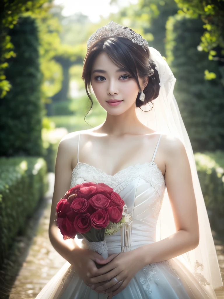 (masterpiece:1.2, Highest quality), Realistic, (live-action, Intricate details, Depth of written boundary), (One girl, alone), compensate, Lips parted, Very detailed, Perfect Face, (Skin Dentition), Feminine waistline, Narrow waist, expensive, ふんわりとしたsexyな唇, Glossy coral lips,, (Girl in wedding dress holding flowers in hand )), sexy, Soft skin texture, Full of happiness,blush, highlight,Surrounded by soft lighting, Professional Photography, Mikasa from AOT