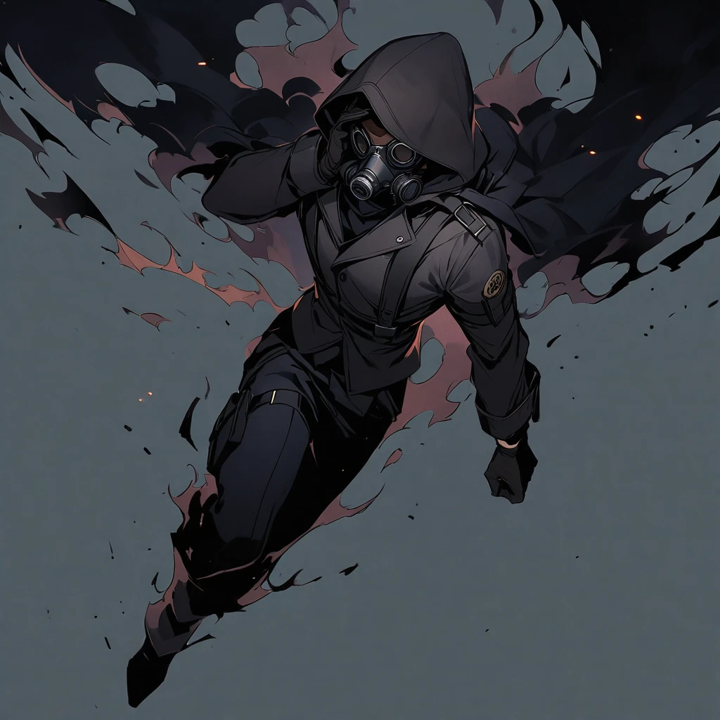 (well done:1) man, completely dark skin, black gas mask, gray jacket with a hood, black long-sleeved shirt, black gloves, black pants, black boots.