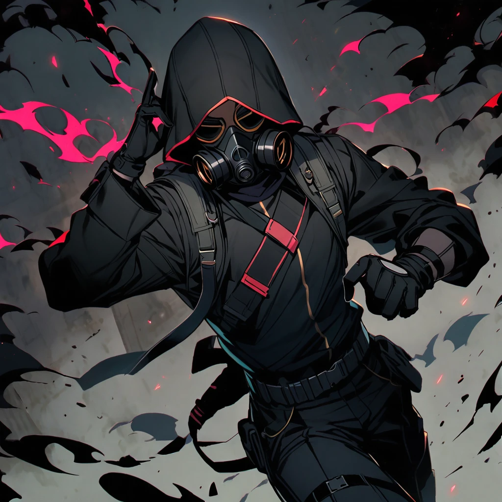 (well done:1) man, completely dark skin, black gas mask, gray jacket with a hood, black long-sleeved shirt, black gloves, black pants, black boots.