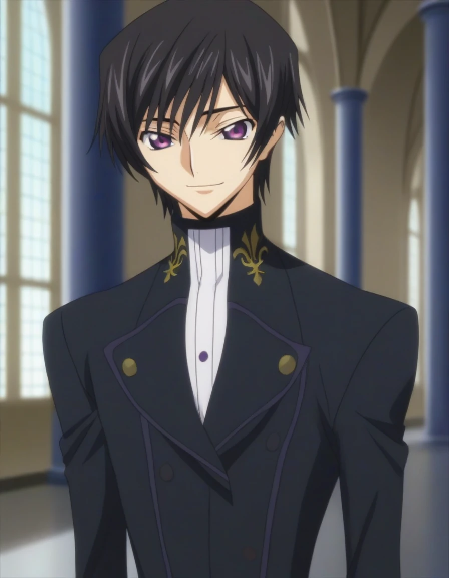 score_9, score_8_up, score_7_up, source_anime, rating_safe, intricate details, anime screencap, , , looking at viewer, depth of field, 1boy, solo, male focus, lelouch_lamperouge, black hair, purple eyes, bangs, smile, cute, black suit costume, dance, castle, room, dusk.