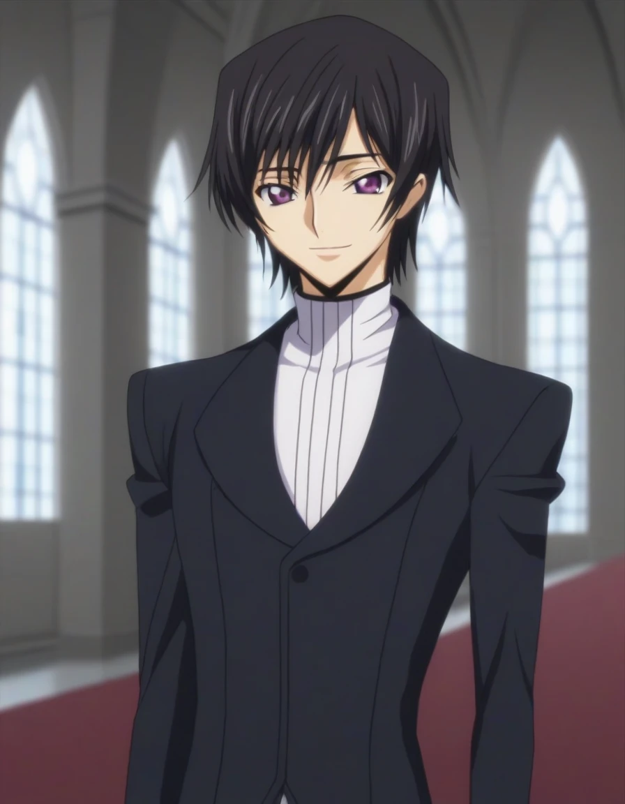 score_9, score_8_up, score_7_up, source_anime, rating_safe, intricate details, anime screencap, , , looking at viewer, depth of field, 1boy, solo, male focus, lelouch_lamperouge, black hair, purple eyes, bangs, smile, cute, black suit costume, dance, castle, room, dusk.