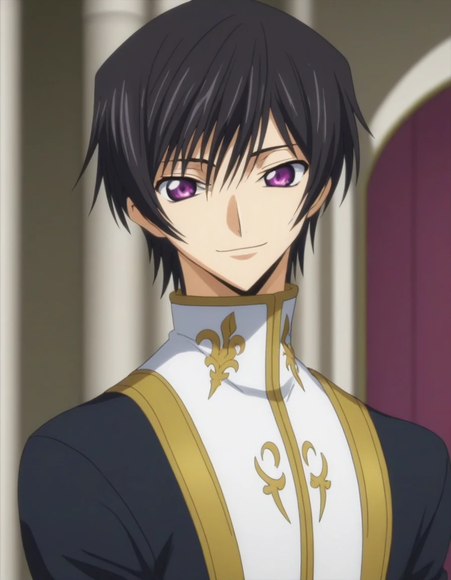score_9, score_8_up, score_7_up, source_anime, rating_safe, intricate details, anime screencap, , , looking at viewer, depth of field, 1boy, solo, male focus, lelouch_lamperouge, black hair, purple eyes, bangs, smile, cute, black suit costume, dance, castle, room, dusk.