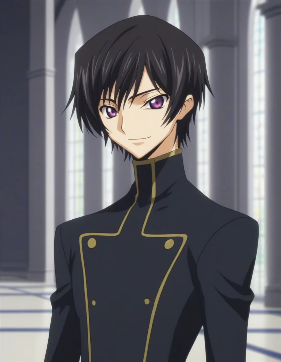 score_9, score_8_up, score_7_up, source_anime, rating_safe, intricate details, anime screencap, , , looking at viewer, depth of field, 1boy, solo, male focus, lelouch_lamperouge, black hair, purple eyes, bangs, smile, cute, black suit costume, dance, castle, room, dusk.