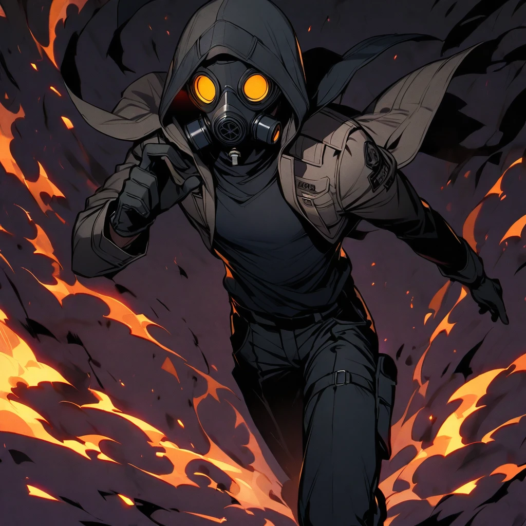 (well done:1) man, completely dark skin, black gas mask, gray jacket with a hood, black long-sleeved shirt, black gloves, black pants, black boots.