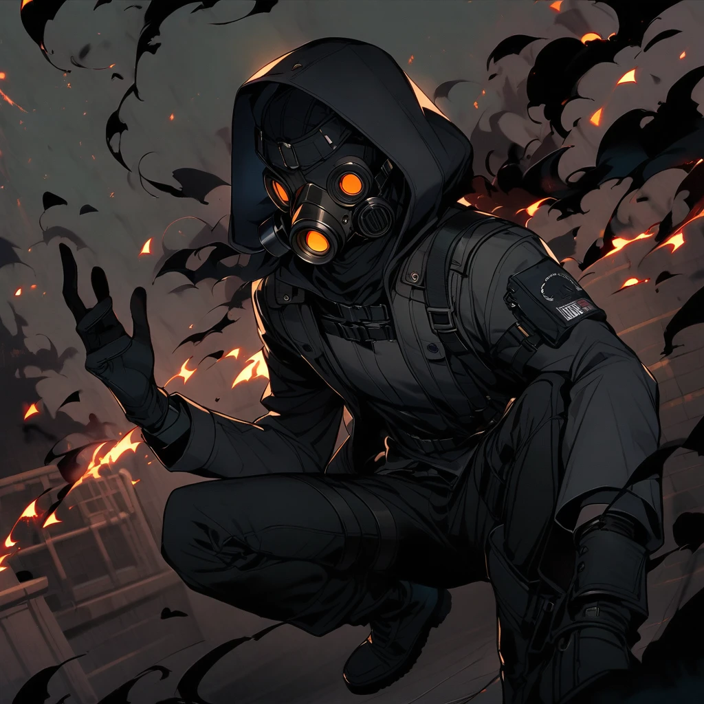 (well done:1) man, completely dark skin, black gas mask, gray jacket with a hood, black long-sleeved shirt, black gloves, black pants, black boots.