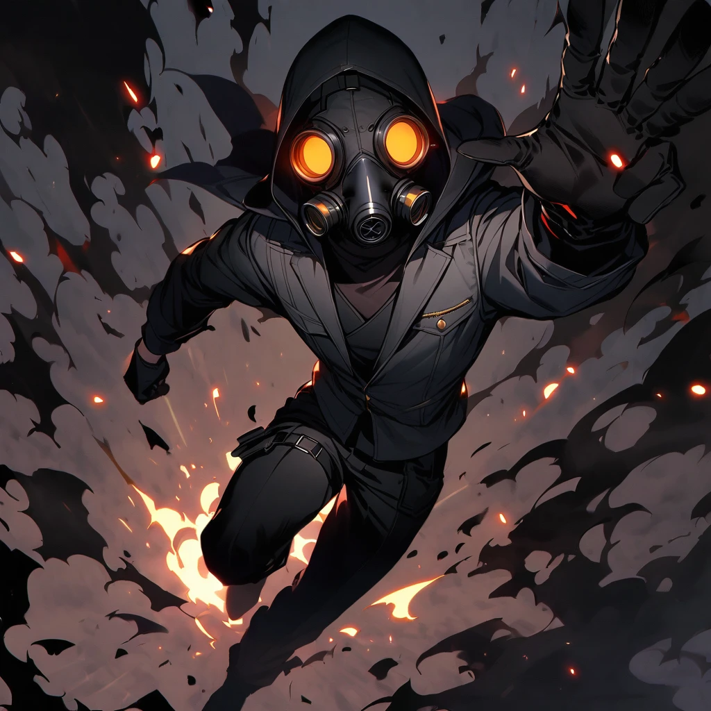 (well done:1) man, completely dark skin, black gas mask, gray jacket with a hood, black long-sleeved shirt, black gloves, black pants, black boots.