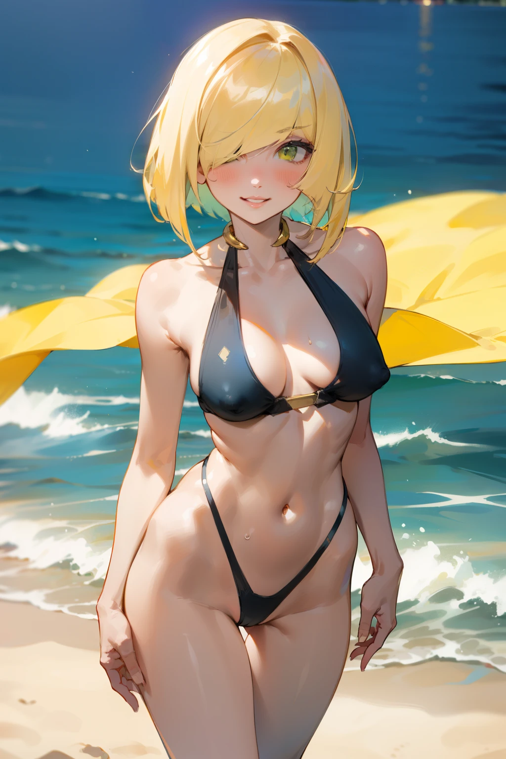 masterpiece,best quality,1girl,mature female,lusamine,blonde hair,yellow eyes, half-closed eyes,short hair,(hair over one eye:1.3), a come-hither face, smile, parted lips, blonde swimsuit(highleg), see-through, cleavage, covered nipples,glowing eyes,in the beach, day, standing, Sexy waist teasing
