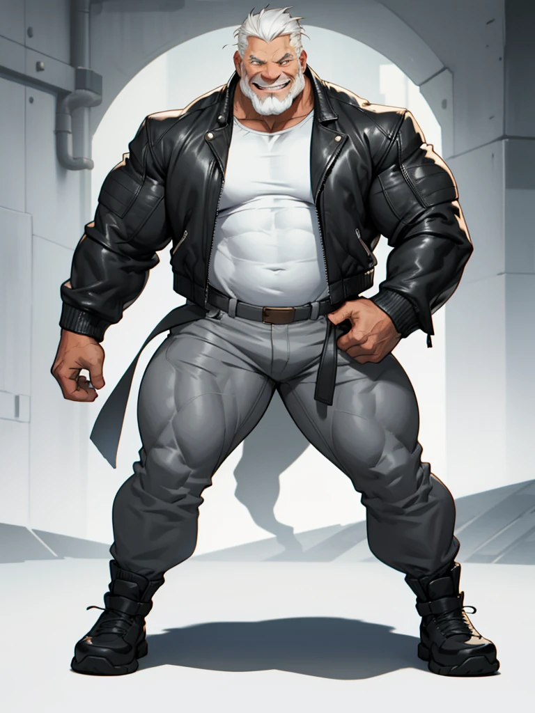 huge muscular old man, standing, smile, happy, wearing leather jacket, open jacket, sleeved, white tshirt, thick arms, wide pectoral, full body, front view, masterpiece, proportional, white hair, bearded, huge and giant, an14