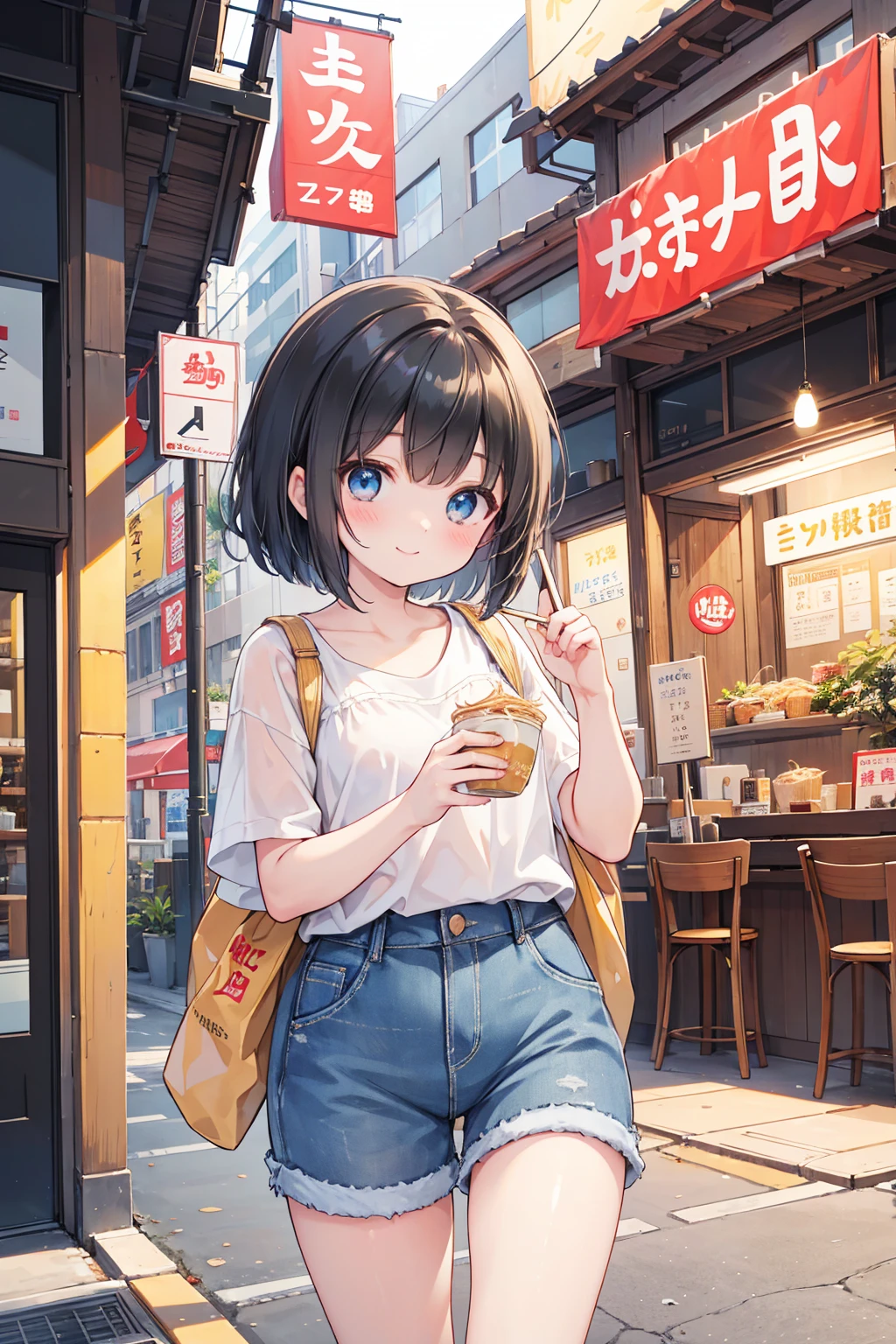 Photorealistic、Highest quality、Highest Resolution、Highest quality、８Ｋ、1人のBeautiful woman、Beautiful woman、Beautiful woman、cute、Bob cut hair、Dark Hair Color、Pale blue eyes、Casual Style、黒のcuteノースリーブ、Light blue shorts、cute厚底サンダル、smile、looks fun、sunny、Ramen shop、Eat ramen、Looking at the delicious ramen、