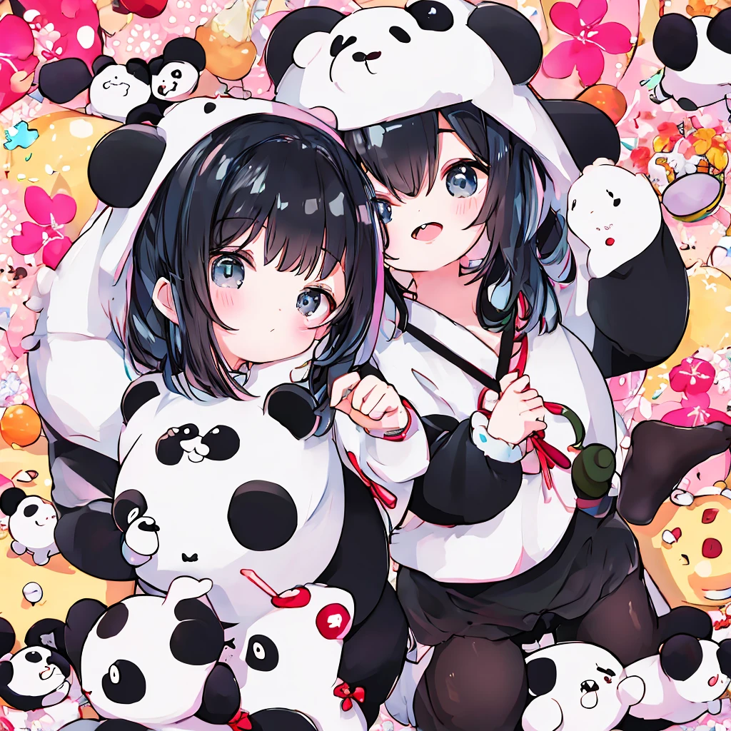 anime、A little kid wearing a panda costume、Cute pose