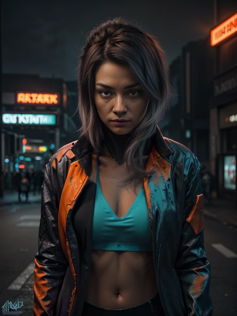Realistic photo of a Man in the middle of cyberpunk city Street:1.5, Shadow play, mist, moody, glossy short ash gray hair, orange tech jacket, red iris eyes, vivid, red, cream, brown, green, neon light, purple neon, blue neon, red neon,, Film light, Hyper detailed, Hyper realistic, masterpiece, atmospheric, High resolution, Vibrant, High contrast, dark angle, art by Koos Roos, 8k, HDR, 500px