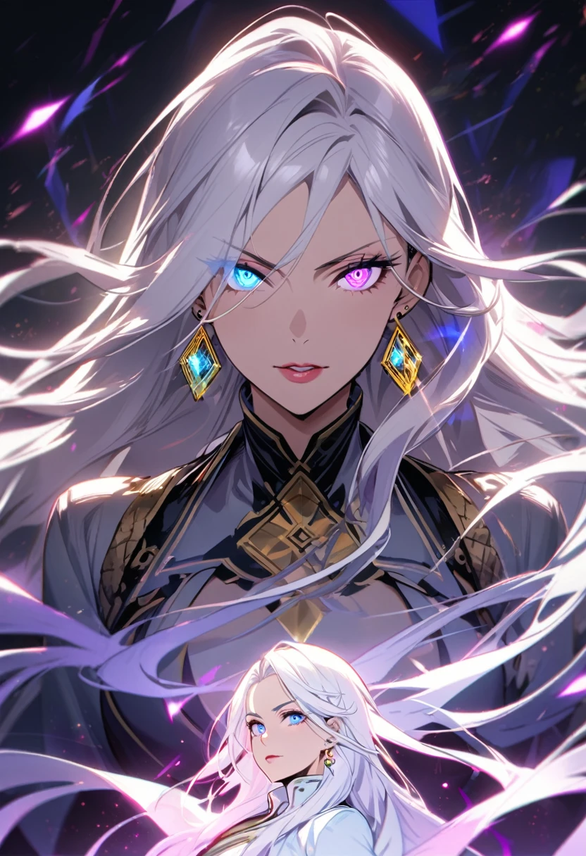 woman, blue eyes, long hair, white hair, mature, god eyes, diamond earings, two colors eyes, purple eyes,  glowing eyes. cool