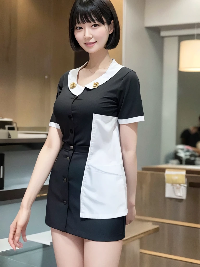 Highest quality、masterpiece、8k、Very detailed、Realistic、(One person:1.2)、Looking at me with a smile、whole body、Black Hair、Short Hair、Small face、Slender、(Very large breasts:1.2)、Thin and beautiful legs、narrow and constricted waist,、(Family Restaurant Uniforms:1.2)、A tight-fitting white shirt with buttons and a collar、A short, black, high-waisted skirt、(Nobody background)