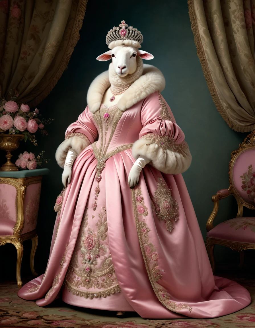 photorealistic portrait of Dressed animals - a ((fat)) (angora sheep) princess, (full body image:1.5),(elegant pose:1.5) Wearing luxury sack-back gown,(wearing luxury tiara),(hands on hips:1.5), Old-fashioned luxury pink loyal dress, detailed and opulent description of a loyal aristocratic sack-back gown in Rococo , emphasizing luxurious fabrics, intricate embroidery, and ornate accessories, Rococo style king palace background,(looking at viewer:1.5),score_9, score_8_up, score_7_up, score_6_up, score_5_up, score_4_up,