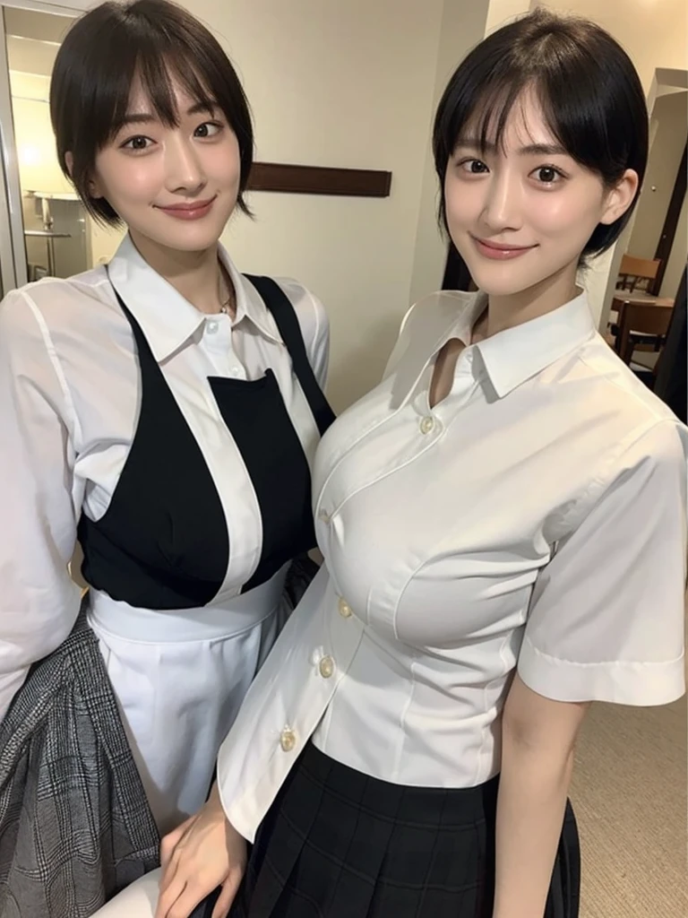 Highest quality、masterpiece、8k、Very detailed、Realistic、(One person:1.5)、Looking at me with a smile、whole body、Black Hair、Short Hair、Small face、Slender、(Very large breasts:1.5)、Thin and beautiful legs、narrow and constricted waist,、(Family Restaurant Uniforms:1.2)、A tight-fitting white shirt with buttons and a collar、A short, black, high-waisted skirt、(Nobody background)