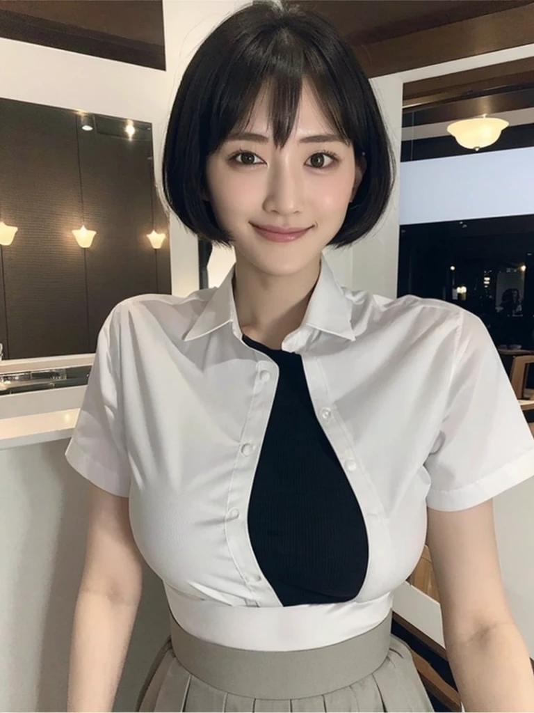 Highest quality、masterpiece、8k、Very detailed、Realistic、(One person:1.5)、Looking at me with a smile、whole body、Black Hair、Short Hair、Small face、Slender、(Very large breasts:1.5)、Thin and beautiful legs、narrow and constricted waist,、(Family Restaurant Uniforms:1.2)、A tight-fitting white shirt with buttons and a collar、A short, black, high-waisted skirt、(Nobody background)