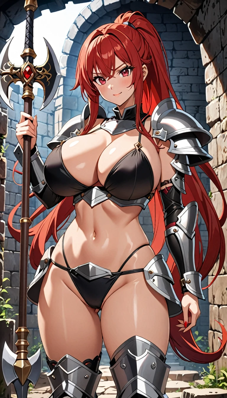 ((masterpiece)), ((high quality)), ((super detailed)), ((high resolution)) ,((8k)), a beautiful woman, ((She is one of the most famous female warrior)), unparalleled beauty, ((huge breast:1.6)), ((large ass:1.2)), ((deep cleavage)), slim waist, chest out, ultra detailed face, perfect skin, (((Red long hair ponytail))), Red eyes, detailed eyes, whole body image, (((anime))), ((glamorous)), 24 years old, ((incredibly beautiful woman)), ((The G cup bust)), ((((Black Bikini Armor)))), ((beautiful breasts)), beautiful legs, 8 life size, anime, the most beautiful, ((charm)), ((Grown-up face)), ((Perfect fingers)), ((Bewitching)), ((heroine)), ((Inside the dungeon, Adventurer, explore)), Dazzling Smile, ((erotic)), ((Holding a long battle axe in both hands)),