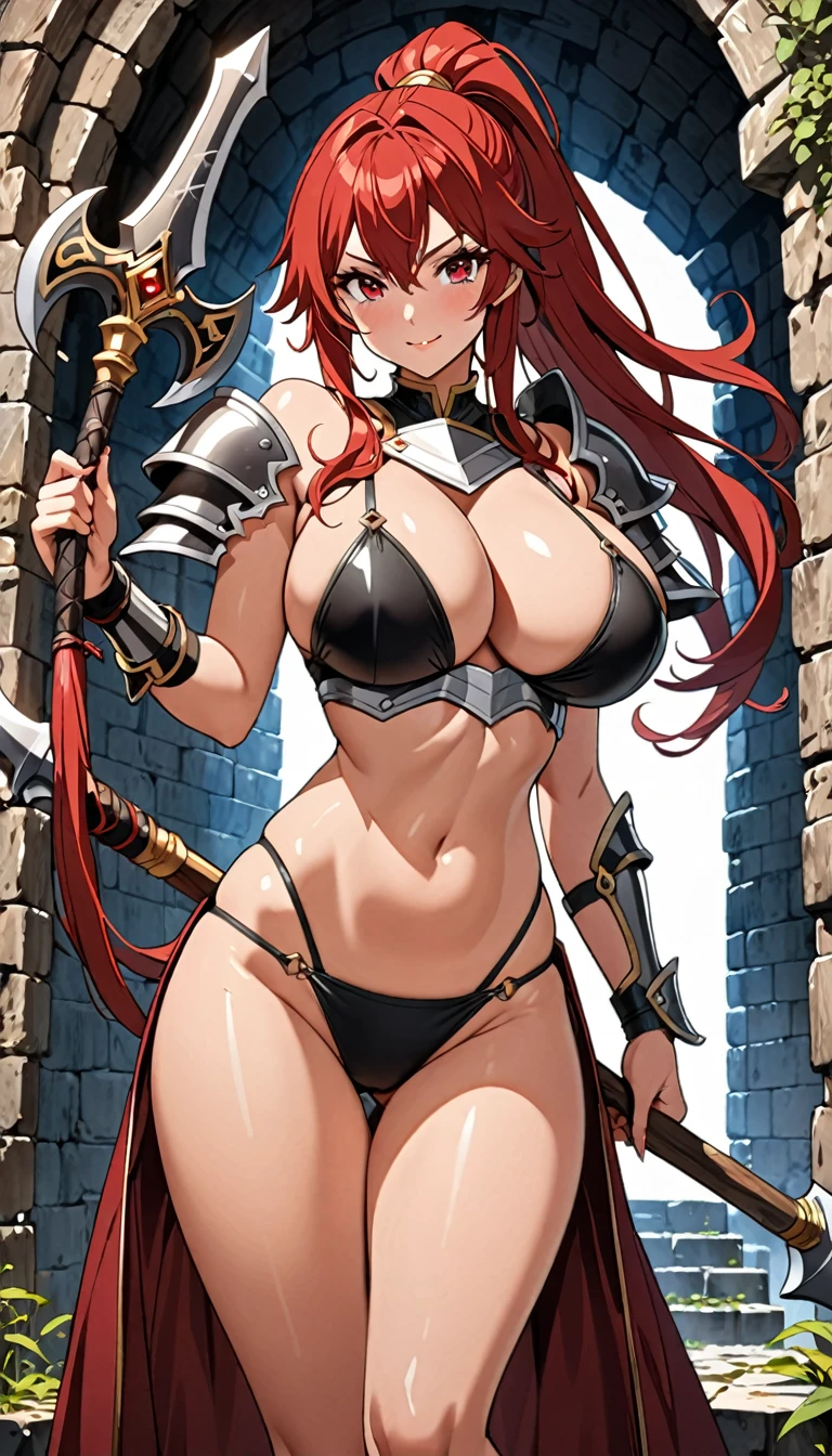 ((masterpiece)), ((high quality)), ((super detailed)), ((high resolution)) ,((8k)), a beautiful woman, ((She is one of the most famous female warrior)), unparalleled beauty, ((huge breast:1.6)), ((large ass:1.2)), ((deep cleavage)), slim waist, chest out, ultra detailed face, perfect skin, (((Red long hair ponytail))), Red eyes, detailed eyes, whole body image, (((anime))), ((glamorous)), 24 years old, ((incredibly beautiful woman)), ((The G cup bust)), ((((Black Bikini Armor)))), ((beautiful breasts)), beautiful legs, 8 life size, anime, the most beautiful, ((charm)), ((Grown-up face)), ((Perfect fingers)), ((Bewitching)), ((heroine)), ((Inside the dungeon, Adventurer, explore)), Dazzling Smile, ((erotic)), ((Holding a long battle axe in both hands)),