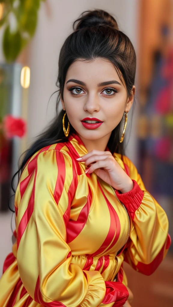 (The best quality,realist:1),sexy, happy, red jacket, Detailed eyes and lips, Bold expression, long loosely black hair