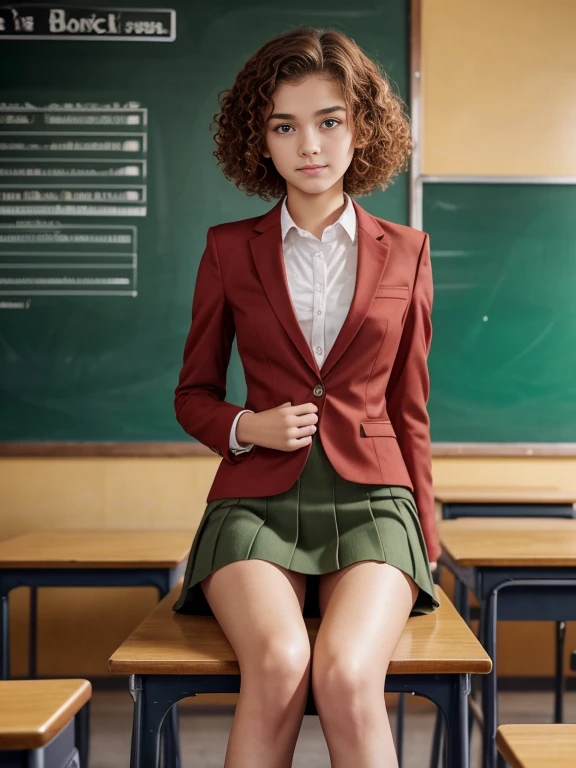 15 year old girl, short hair, extremely curly, Red color, Skinny body, , with green school suit, short skirt, shows her legs, is sitting, In classroom, the blackboard is behind her, two hands, slavic face, freckles on his face, very beautiful