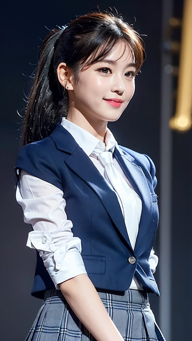 (8K), (highest quality: 1.2), (realistic), (realistic: 1.47), ultra high resolution, 1 girl, cute, smile, closed mouth, (thick lips:1.3),red lip,(purse your lips),beautiful details, beautiful nose,(Straight shiny black hair),(With a black ribbon on her head),(ponytail hair),Stand on the concert stage,hold the microphone in the right hand,Bend your elbows and raise your hands,(University Student Uniform,A simple navy blue blazer,white satin shirt,tie,tartan check pleated skirt,opaque tights:1.2),(Wet thighs close up:1.2),(knees),(super low angle:1.2),(medium shot),