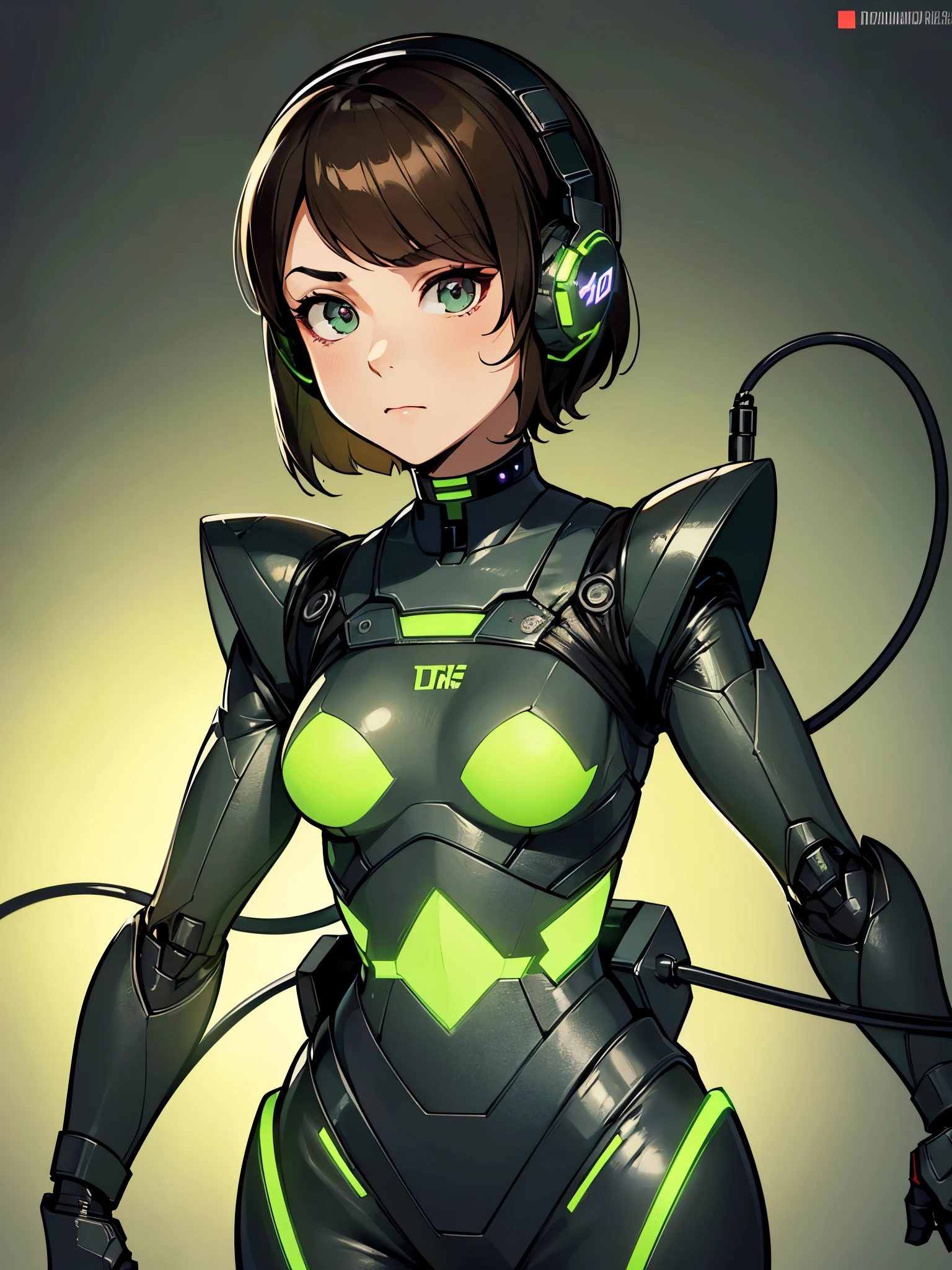 high quality, high resolution, high detail, cute, Lois Lane converted into borg drone, black robot armor, blank expression, hypnotized, robotized, black outfit, tomboy haircut, headphones, slim body, eyepatch, short hair, cables, cyborg, obedient, tan face, green and black outfit, background:borg ship, (perfect brown right eye)