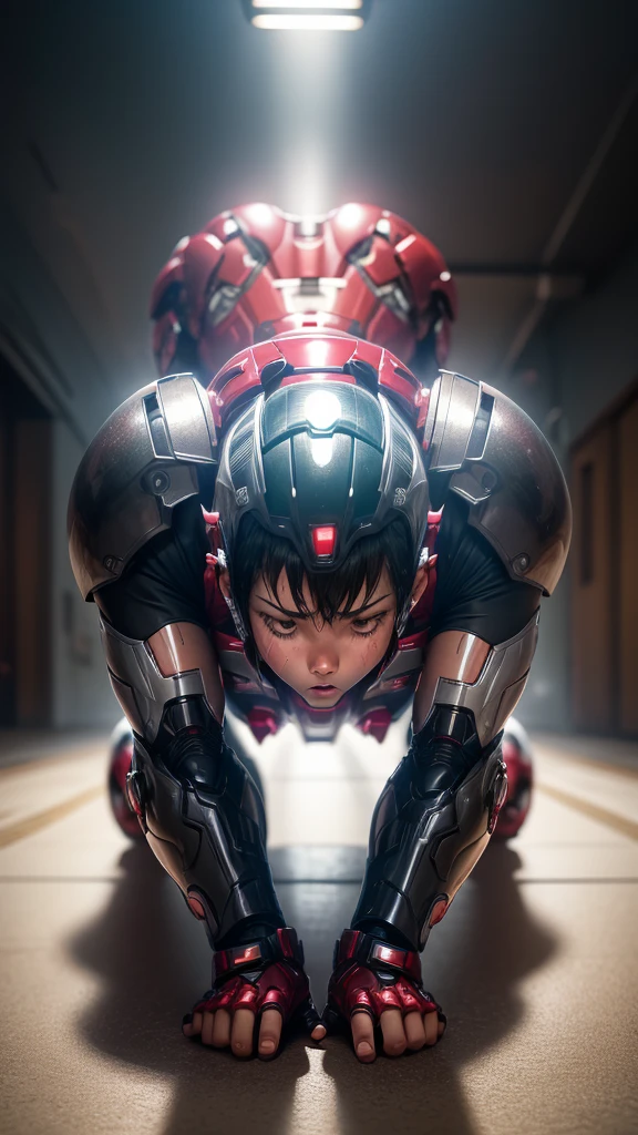 Highest quality　8k Iron Man Suit Girl　Elementary school girl　Sweaty face　cute　short hair　boyish　Steam coming from the head　My hair is wet with sweat　Black Hair　From below,Butt ),(bare hands),Crying face,((From behind:1.2)),((Butt)),((On all fours:1.2)),(Buttを高く上げましょう:1.2)、Buttを広げる