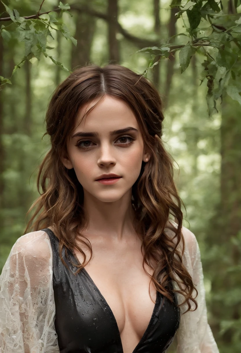 Emma Watson, (wet skin:1.5), no bra, pokies, puffy, low cut neckline, enough cleavage, seductive, cowboy shots, 8k, bare breast, big breast, (big breast:1.5) (Long Hair:2.0), ((in the middle of the dark forest))