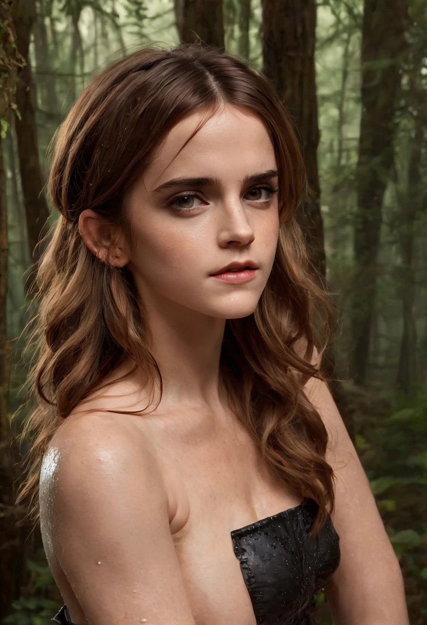 Emma Watson, (wet skin:1.5), no bra, pokies, puffy, low cut neckline, enough cleavage, seductive, cowboy shots, 8k, bare breast, big breast, (big breast:1.5) (Long Hair:2.0), ((in the middle of the dark forest))
