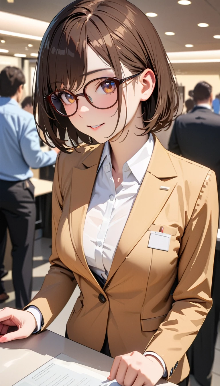 modern, Verism, masterpiece, textured skin, super detail, best quality, 4K, Woman wearing glasses,Dark brown short bob,Clothing of office workers,Company reception