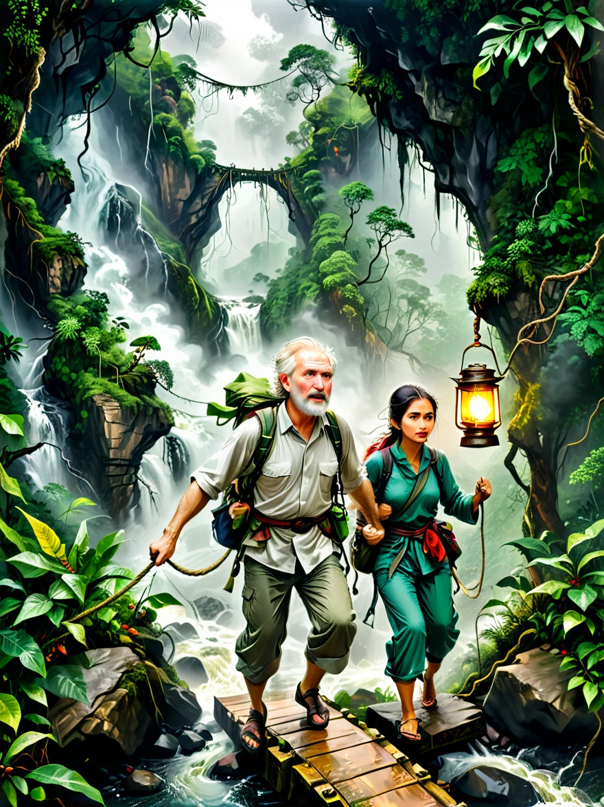 This is an exciting adventure theme picture，Demonstrated resilience in the face of adversity。The background of the picture is a dense rainforest，Depicts a middle-aged white man and a young Middle Eastern woman，Both were dressed in rough clothing，Getting ready for a hike in the jungle。In a fierce storm，They crossed a dangerous rope bridge，There is a turbulent river under the bridge。On the top of a distant mountain，A figure holding a lantern，Bringing hope and inspiration to people。This image symbolizes courage in the face of adversity、Determination and tenacity，Emphasizes the indomitable spirit of human beings。