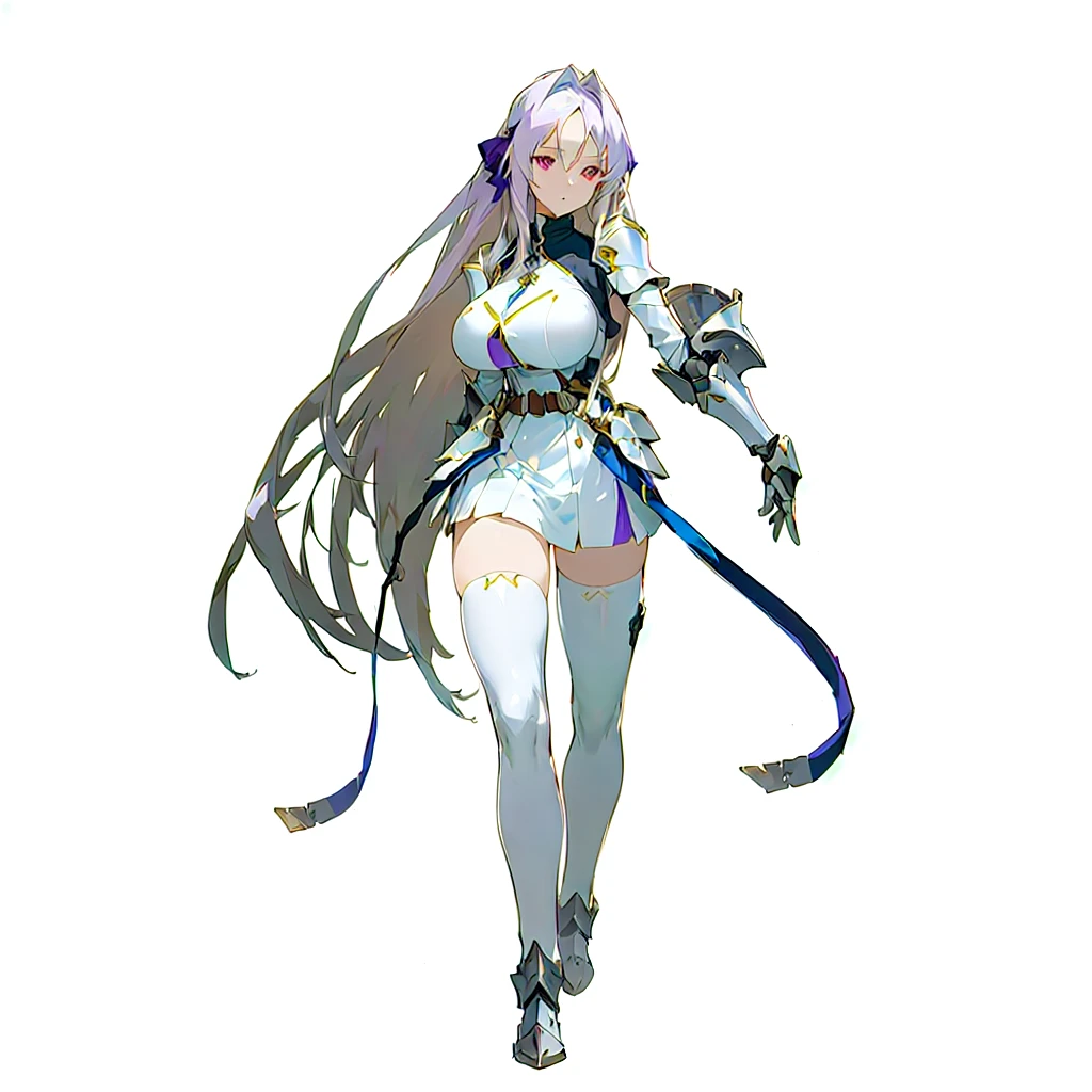 anime girl with long white hair and armor in her left arm, official character art, cushart krenz key art feminine, ( ( character concept art ) ), female anime character, (light purple eyes), ((big breasts)), short white dress, armor in belly, belts, white long socks, fantasy anime character, (((pale skin))), characters from azur lane
