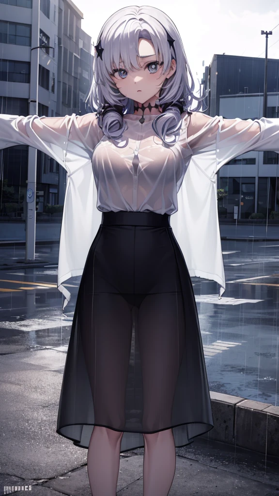 The clothes are wet, (Y-shirt is transparent: 1.4), skirt, (Unbroken body), (Perfect body structure), (arms two), (legs two), highest quality, 4K, (High resolution: 1.3) masterpiece , 1.2, Super detailed, HDR, Studio Lighting, Sharp Focus, Bright colors, Portrait, Warm tones, Soft Lighting,A bus stop in the evening rain、