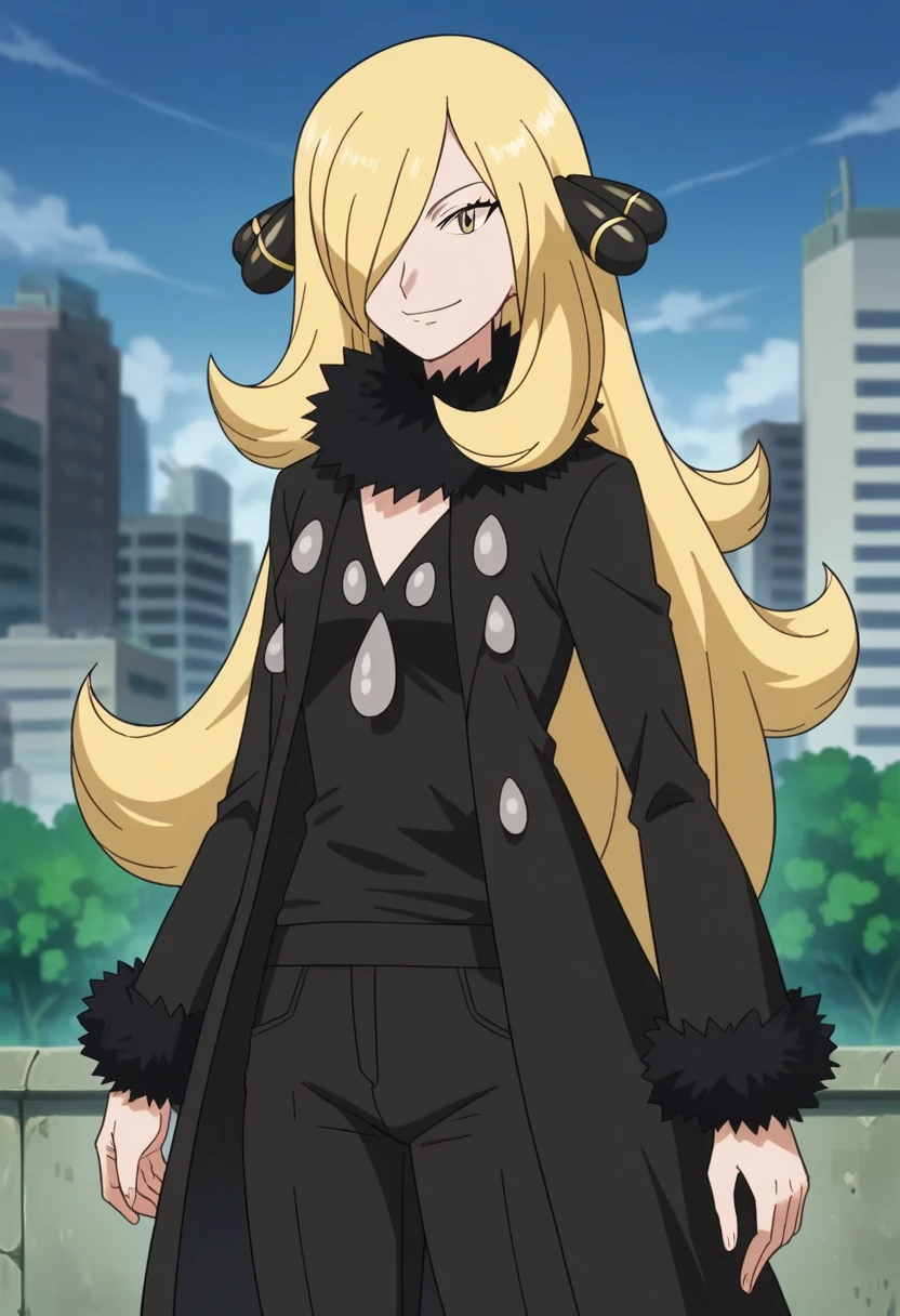 score_9, score_8_up, score_7_up, source_anime,
pokemoncynthia, pokemoncynthia, blonde hair, hair ornament, hair over one eye, long hair, yellow eyes,
black coat, black pants, black shirt, coat, fur collar, fur trim, fur-trimmed sleeves, pants, shirt,
outdoors, cityscape, smile,
looking at viewer, cowboy shot, 