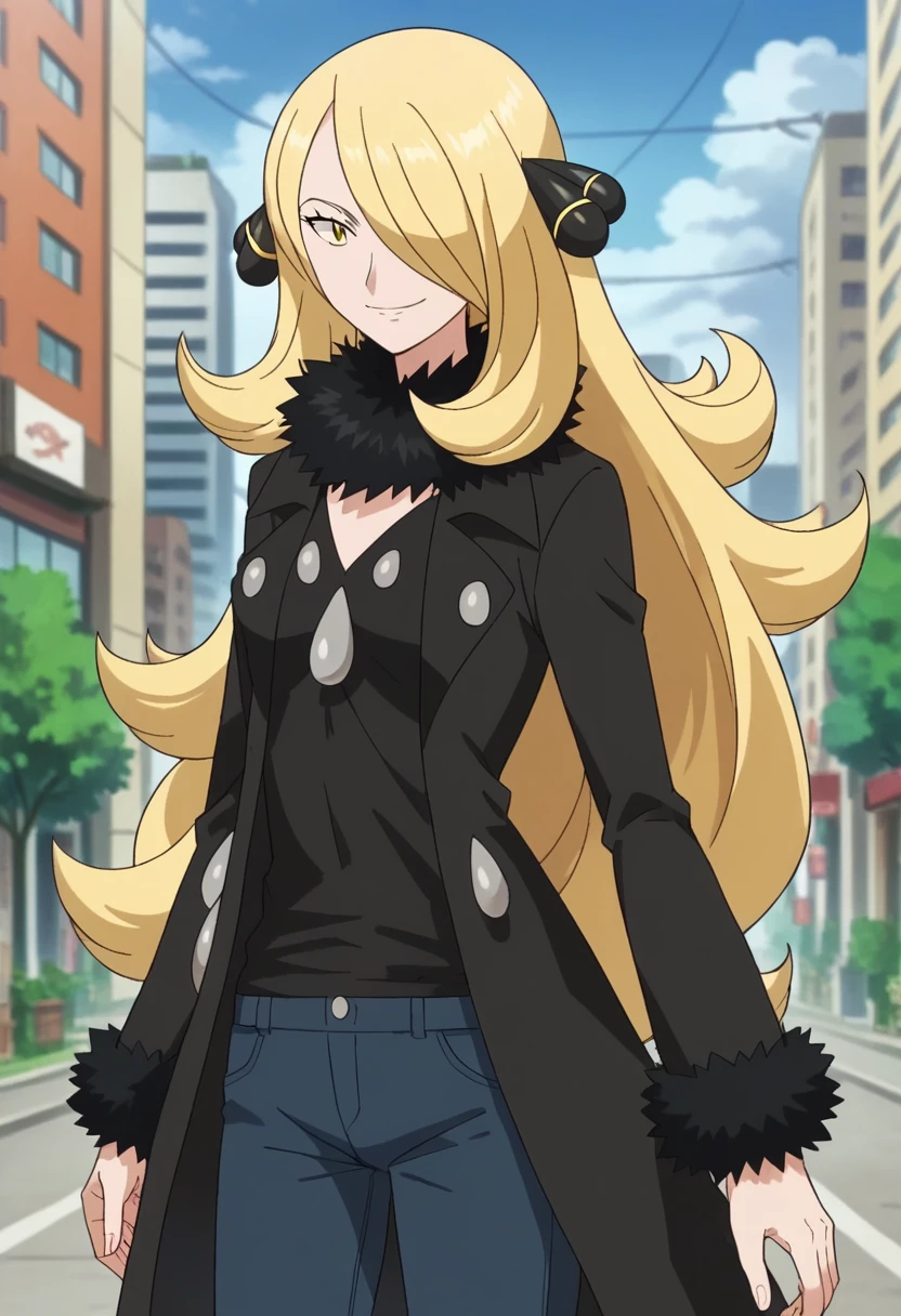 score_9, score_8_up, score_7_up, source_anime,
pokemoncynthia, pokemoncynthia, blonde hair, hair ornament, hair over one eye, long hair, yellow eyes,
black coat, black pants, black shirt, coat, fur collar, fur trim, fur-trimmed sleeves, pants, shirt,
outdoors, cityscape, smile,
looking at viewer, cowboy shot, 