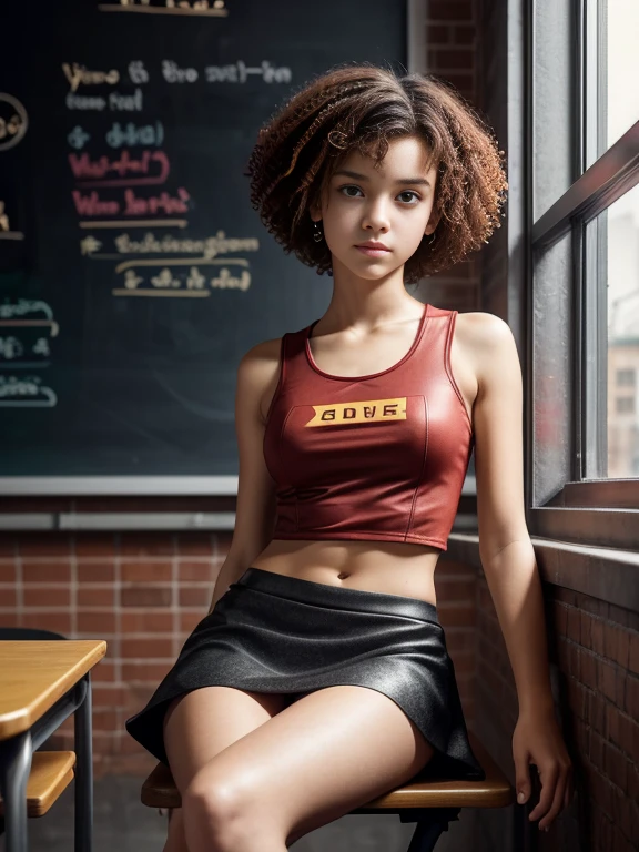  girl, short hair, extremely curly, Red color, Skinny body, , cyberpunk, short skirt, shows her legs, is sitting, In classroom, the blackboard is behind her, two hands, slavic face, freckles on his face, very beautiful