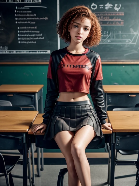 15 year old girl, short hair, extremely curly, Red color, Skinny body, , cyberpunk, short skirt, shows her legs, is sitting, In classroom, the blackboard is behind her, two hands, slavic face, freckles on his face, very beautiful