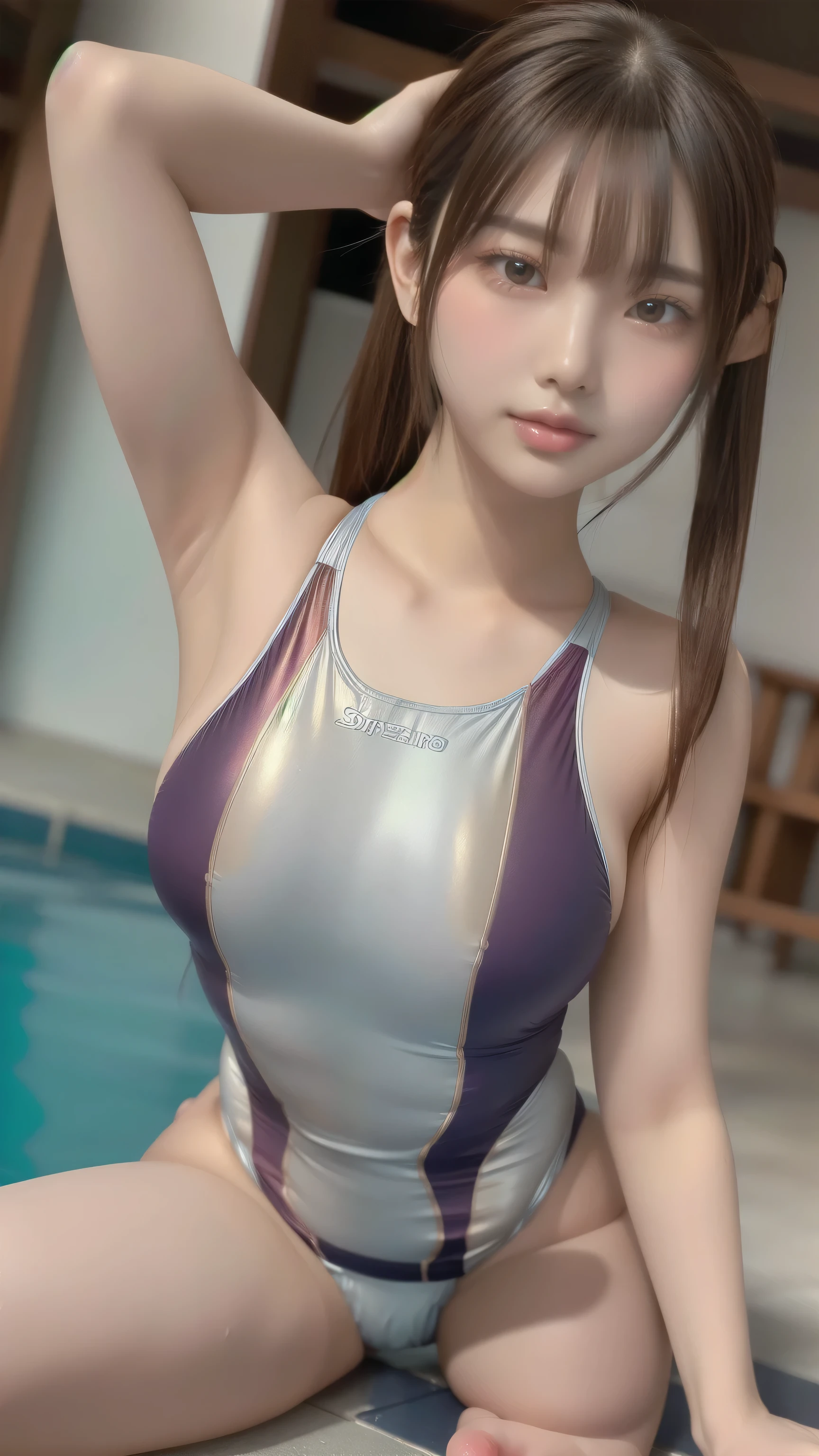 (Indoor swimming pool, Indoor swimming poolサイド), (Highly detailed skin, Beautiful realistic face, White skin, Pointed Chest, Small nipples, Perfect Anatomy, Realistic eyes, Natural Eyes, Brown eyes, Accurate eye focus), (Hyper Realist, Ultra-realistic, 4K, Attention to detail, Ultra-high resolution, Highest quality, masterpiece, Presence, dynamic, bold, Sharpness), (Thinning hair:2, Soft Hair:2, Long, slicked bangs, Light copper amber hair, Hair on one eye, Twin tail hair), (Wearing a competitive swimsuit:1.5), The shine of competitive swimsuits, Metallic competitive swimwear, Metallic Racing Swimsuit, (Metallic high leg swimsuit), Metallic School Swimsuit, ({Metallic red color| Metallic purple color| Metallic white color| Metallic navy color| Metallic pink color| Metallic gold color| Metallic silver color| Metallic black color| Metallic colors}Swimsuit color), (Big Breasts:1.5), (Crouching, M-shaped split, Squat:1.2, Squat with your legs wide apart, Spread your legs), Tall, Small waist, Elongated arms and legs, Small hips, The swimsuit is digging into her buttocks, whole body, Put your chest close, Accentuate your breasts, smile, Looking into the camera, barefoot,