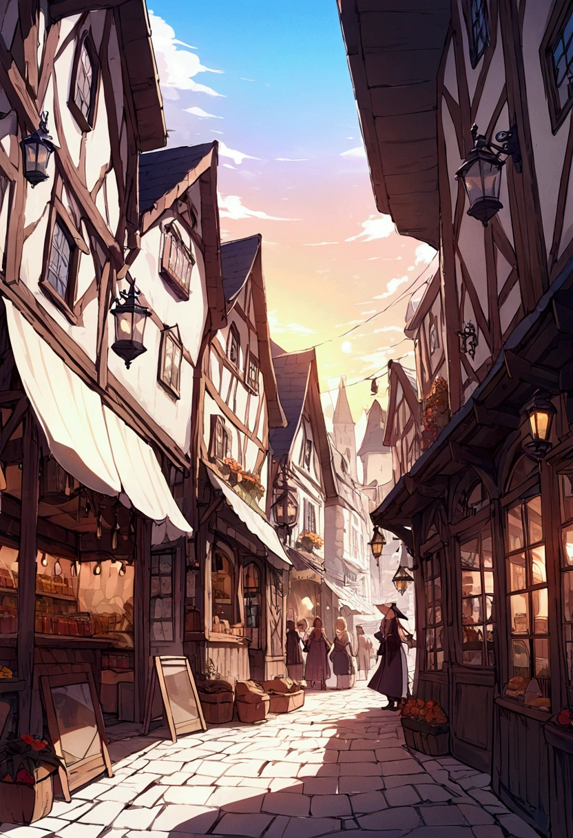 Masterpiece, top quality, top quality, masterpiece, high resolution, focus, magical medieval town, lots of street shops, fantastic sunset sky, wide angle, no main character